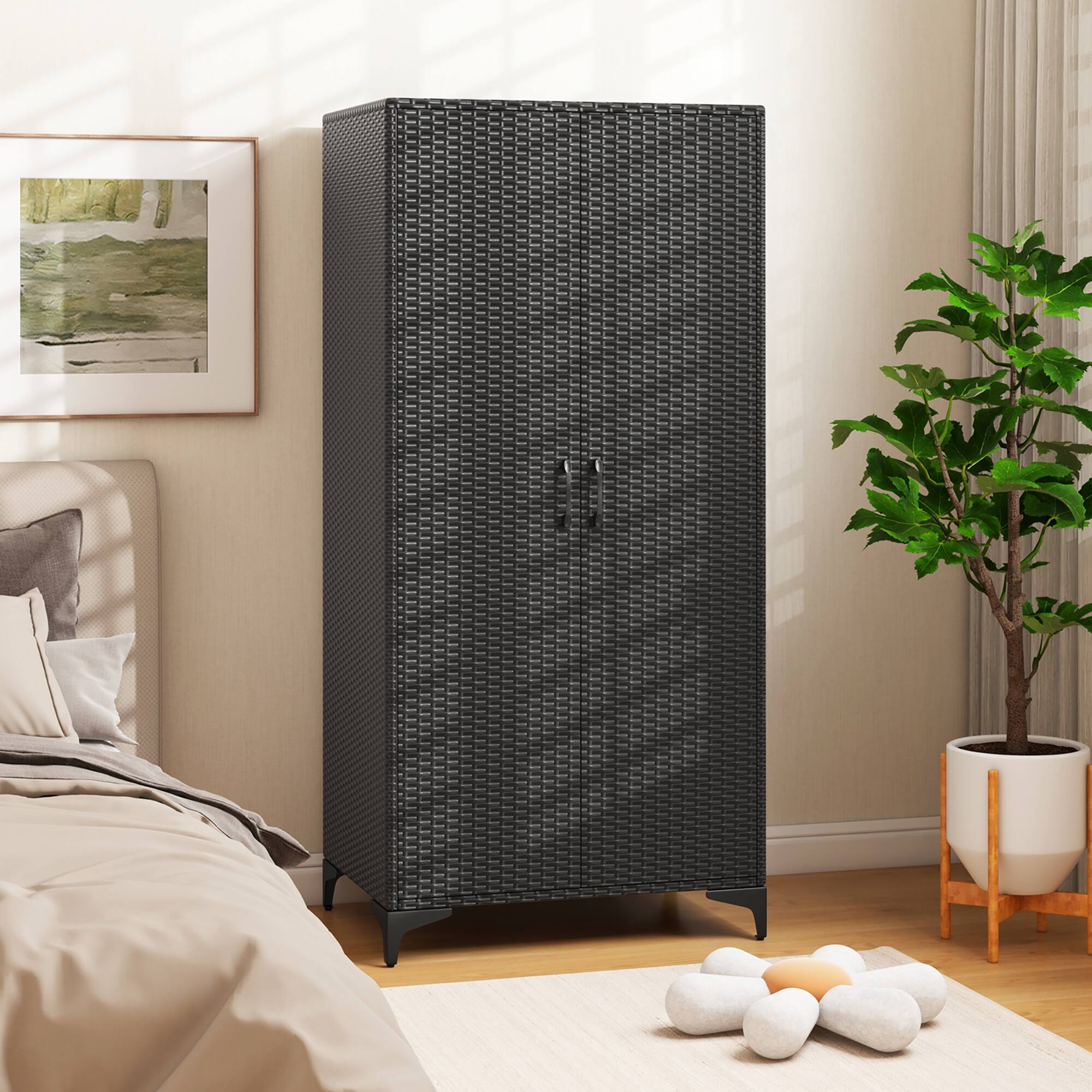 Alt View 1. Gymax - Gymax 62'' Wicker Wardrobe w/ 2 Doors Hanging Rod & 4 Storage Cubes for Home Patio Black - Black.