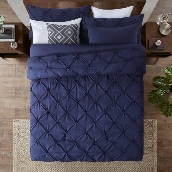 Left. Hivvago - King Size All Season Pleated Hypoallergenic Microfiber Reversible 3 Piece Comforter Set in Navy - Navy.