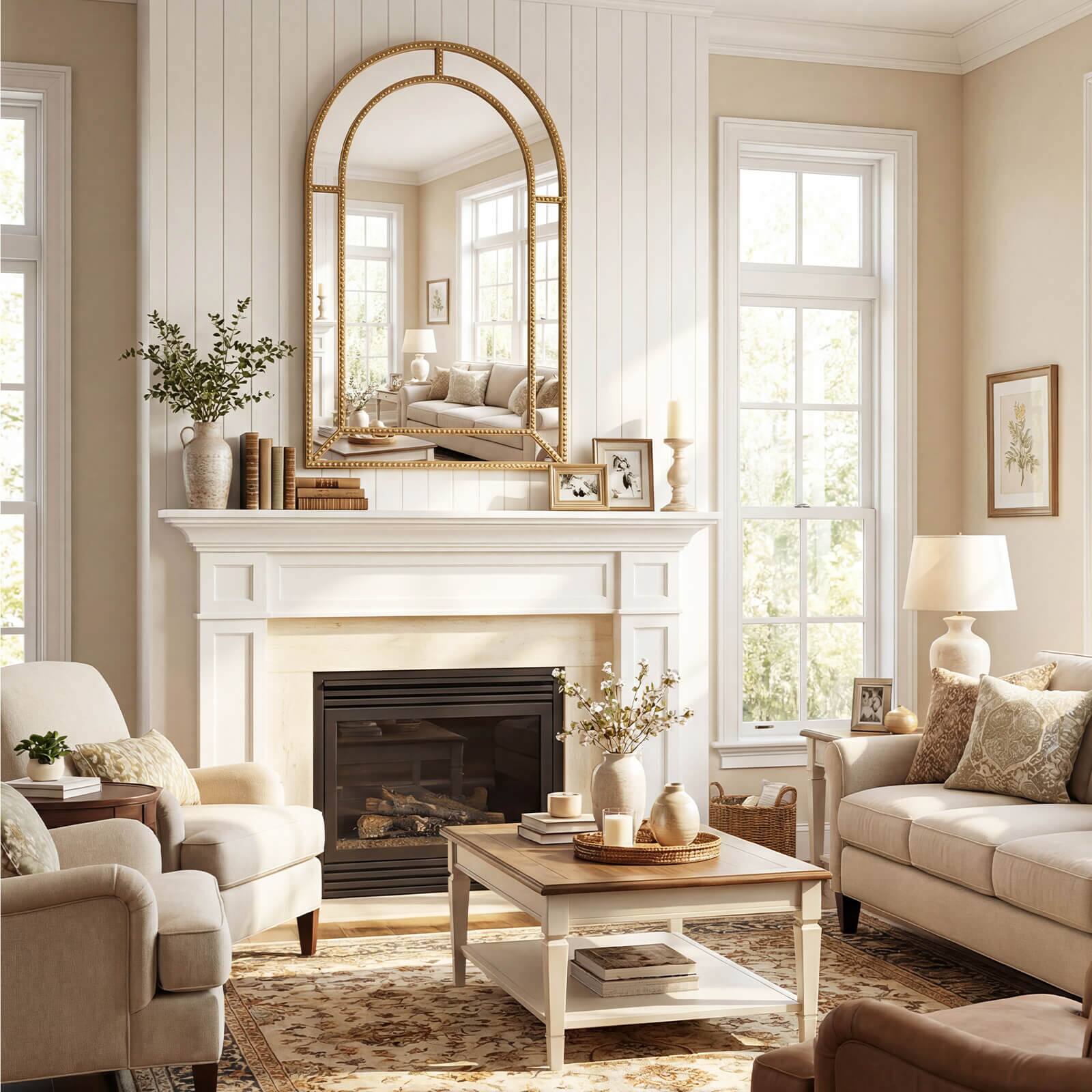 Alt View 4. Costway - Costway 36" x 24" Gold Arched Wall Mirror with Beaded Frame for Living Room, Entryway - Gold.