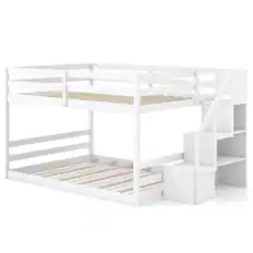 Front. Costway - Costway Full Over Full Low Bunk Bed with Storage Stairs with Full-length Guardrails - White.