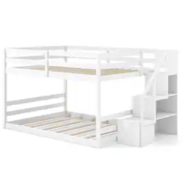 Costway - Full Over Full Low Bunk Bed with Storage Stairs with Full-length Guardrails - White