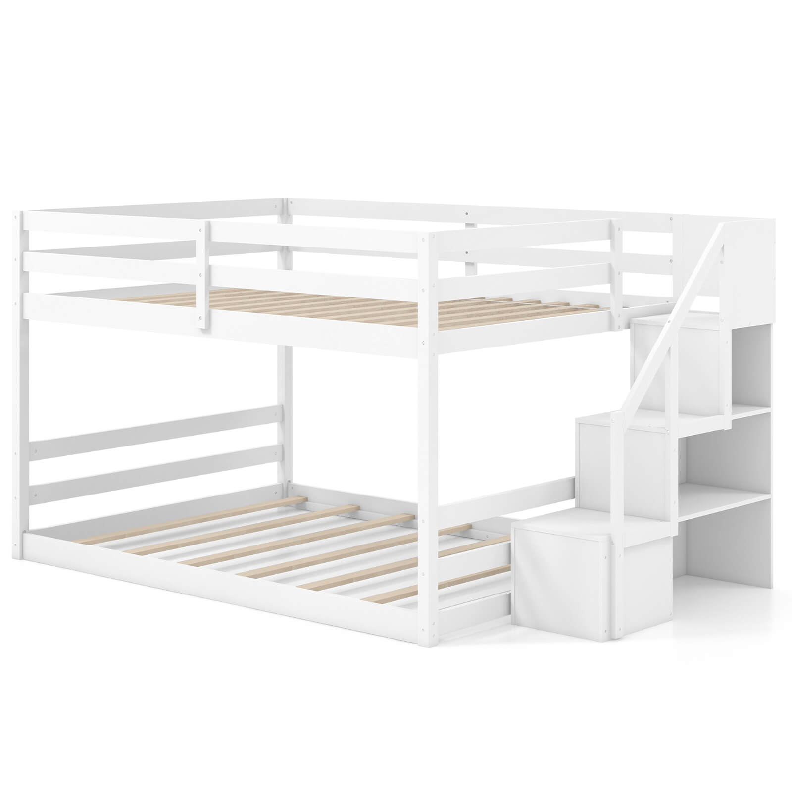 Costway - Full Over Full Low Bunk Bed with Storage Stairs with Full-length Guardrails - White