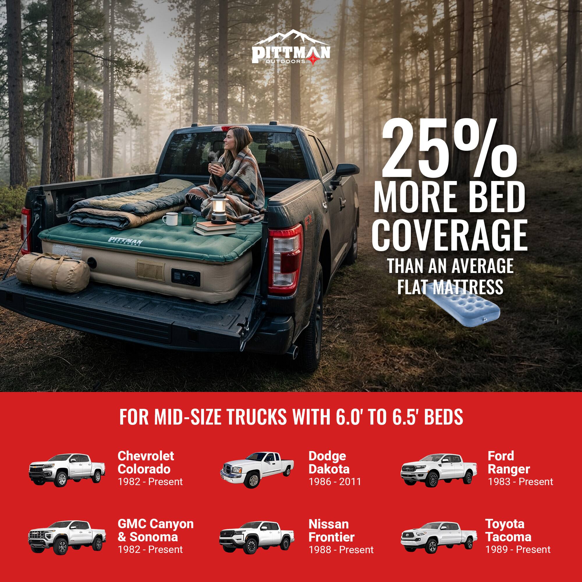 PITTMAN OUTDOORS

25% MORE BED COVERAGE THAN AN AVERAGE FLAT MATTRESS

FOR MID-SIZE TRUCKS WITH 6.0' TO 6.5' BEDS

- Chevrolet Colorado 1982 - Present
- Dodge Dakota 1986 - 2011
- Ford Ranger 1983 - Present
- GMC Canyon & Sonoma 1982 - Present
- Nissan Frontier 1988 - Present
- Toyota Tacoma 1989 - Present