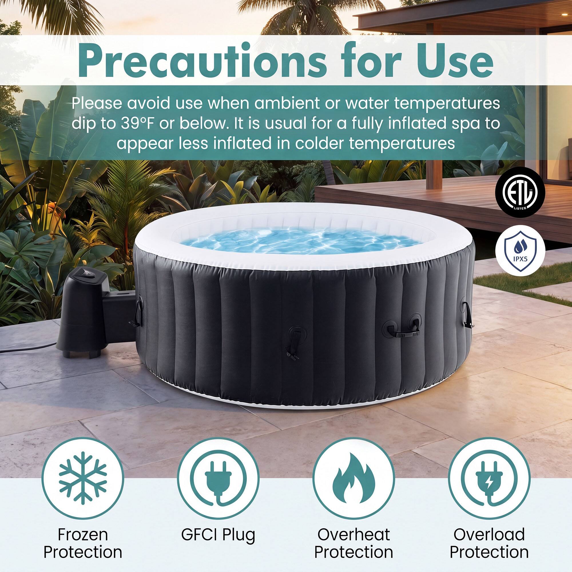Precautions for Use

Please avoid use when ambient or water temperatures dip to 39°F or below. It is usual for a fully inflated spa to appear less inflated in colder temperatures.

- Frozen Protection
- GFCI Plug
- Overheat Protection
- Overload Protection

ETL
IPXS