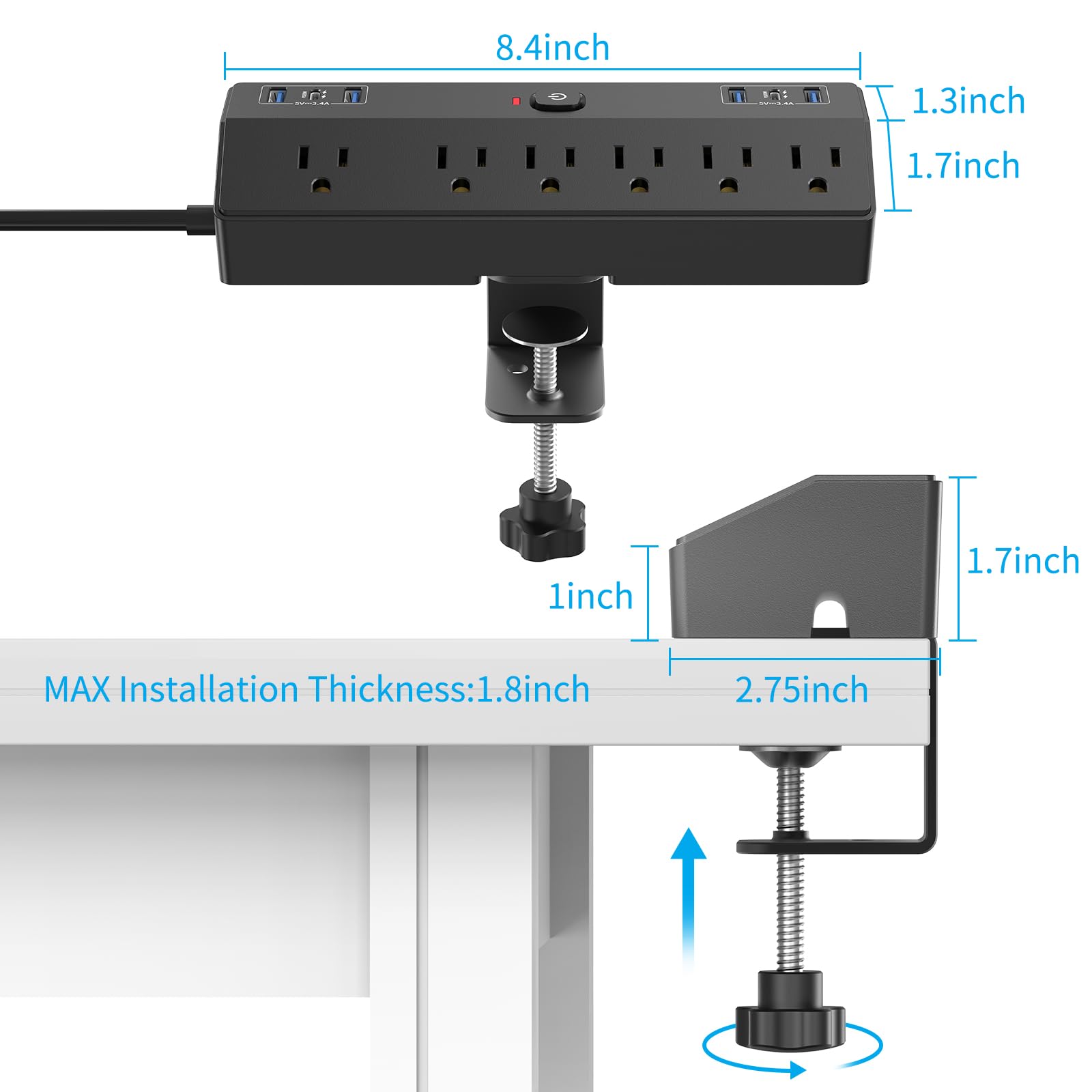 8.4 inch  
1.3 inch  
1.7 inch  
1 inch  
1.7 inch  
MAX Installation Thickness: 1.8 inch  
2.75 inch