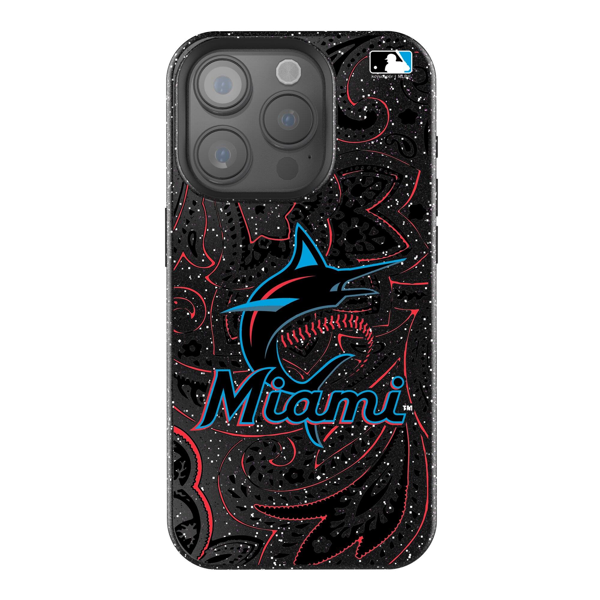 Front. Keyscaper - Miami Marlins Paisley Bling iPhone Case - 14 Pro Max - Black.