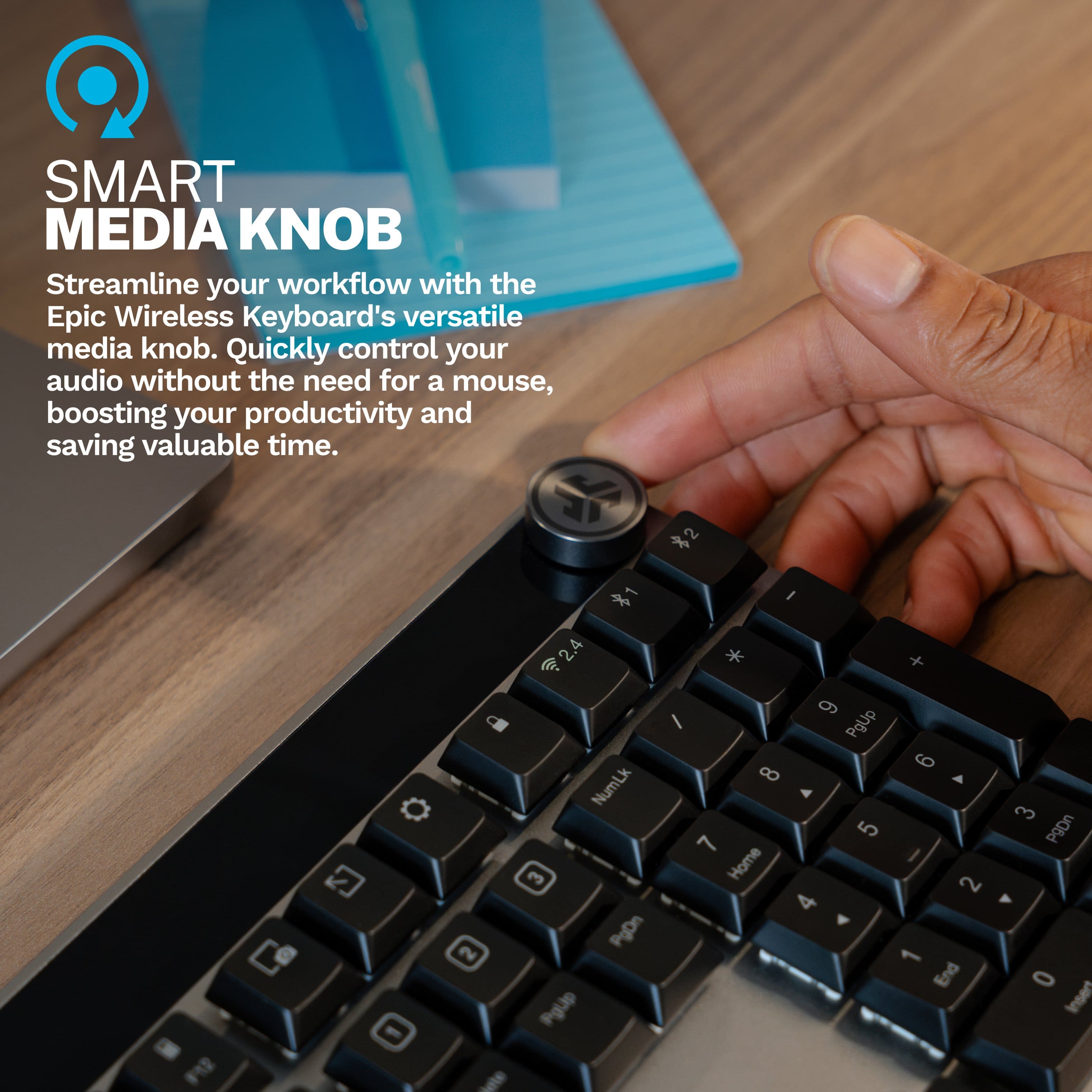 SMART MEDIA KNOB Streamline your workflow with the Epic Wireless Keyboard's versatile media knob. Quickly control your audio without the need for a mouse, boosting your productivity and saving valuable time.