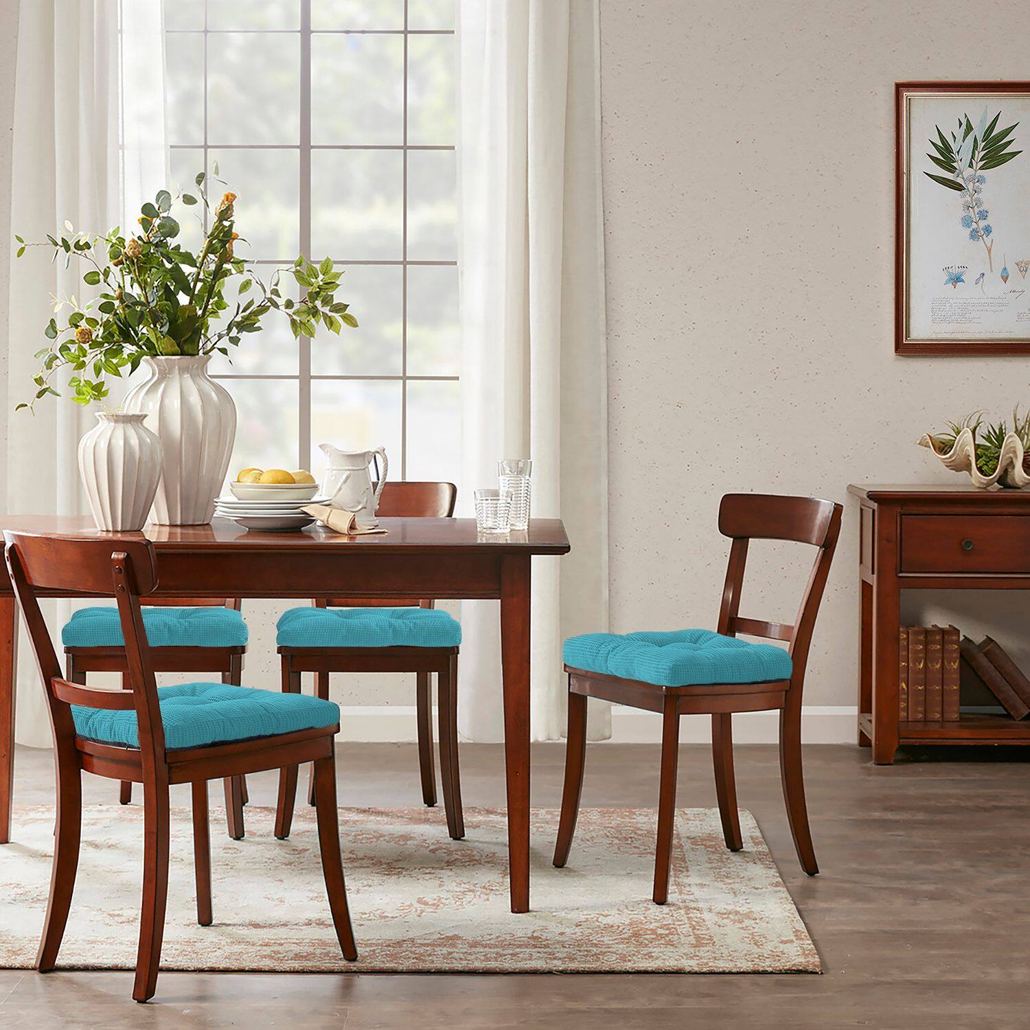 Left. Sweet Home Collection - Crushed Memory Foam Tufted Chair Cushion Non Slip Microdot Rubber Back, 6-Pack - Teal.