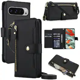 Dteck - Zipper Wallet Case for Google Pixel 10 Pro XL,Detachable Crossbody Flip Faux Leather Card Slots Kickstand Cover+Lanyard - Black