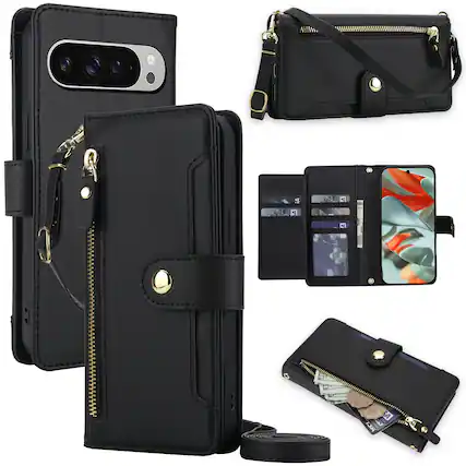 Front. Dteck - Zipper Wallet Case for Google Pixel 9 Pro XL,Detachable Crossbody Flip Faux Leather Card Slots Kickstand Cover+Lanyard - Black.