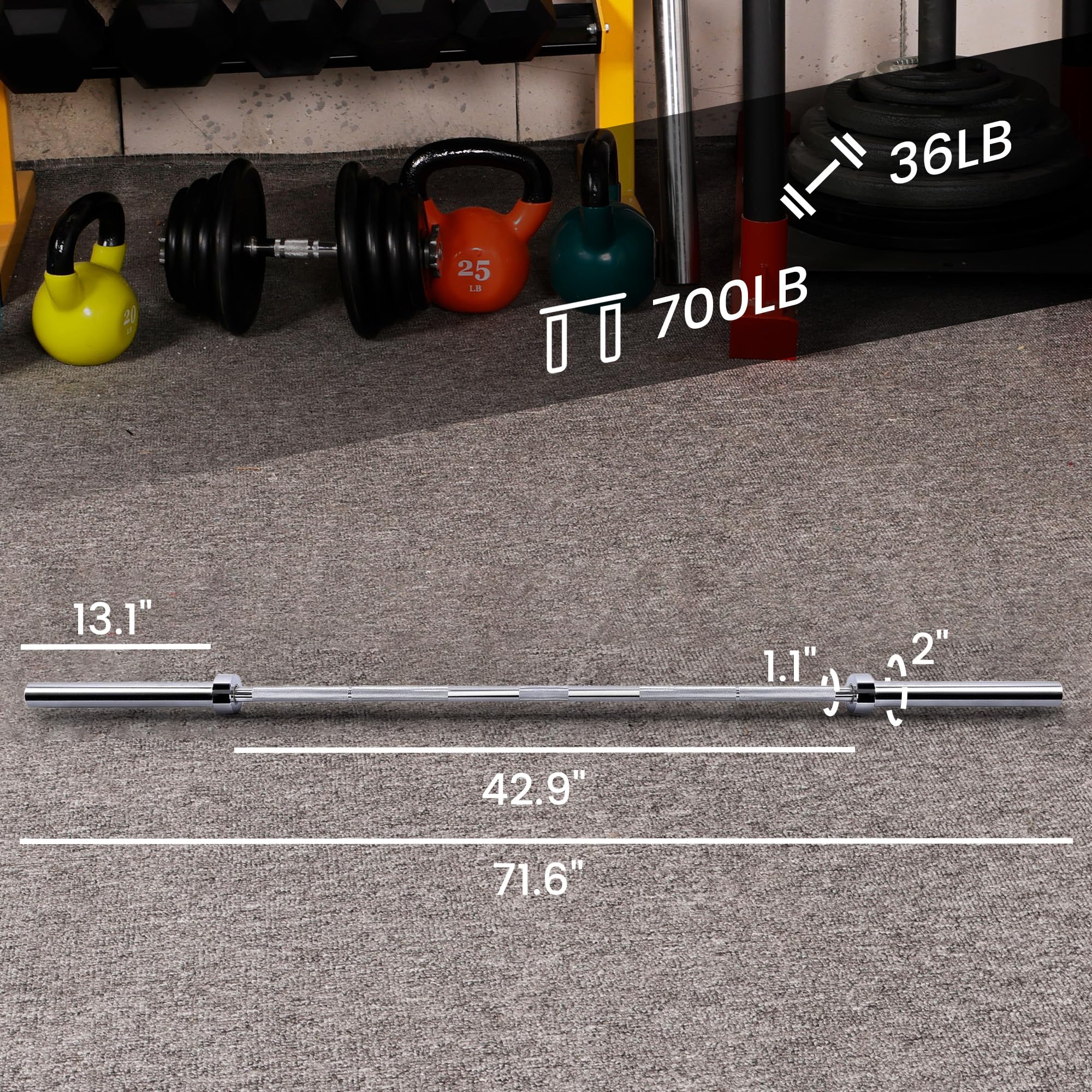 - 36LB
- 700LB
- 13.1"
- 42.9"
- 1.1" - 2"
- 71.6"