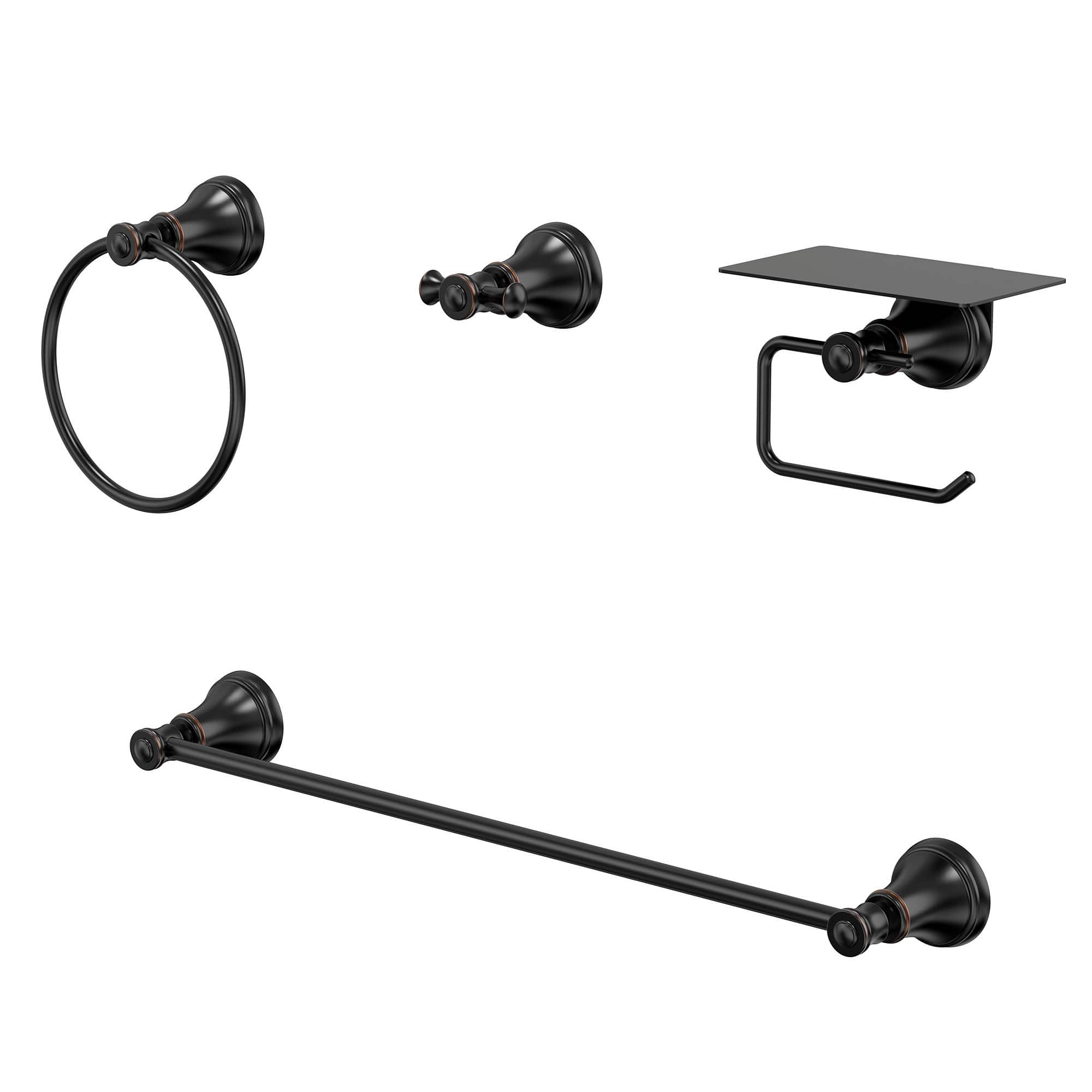 GRANDJOY - 4-Piece Bathroom Hardware Set with Phone Storage Shelf Toilet Paper Holder & 24 Inch Towel Bar - Matte Black