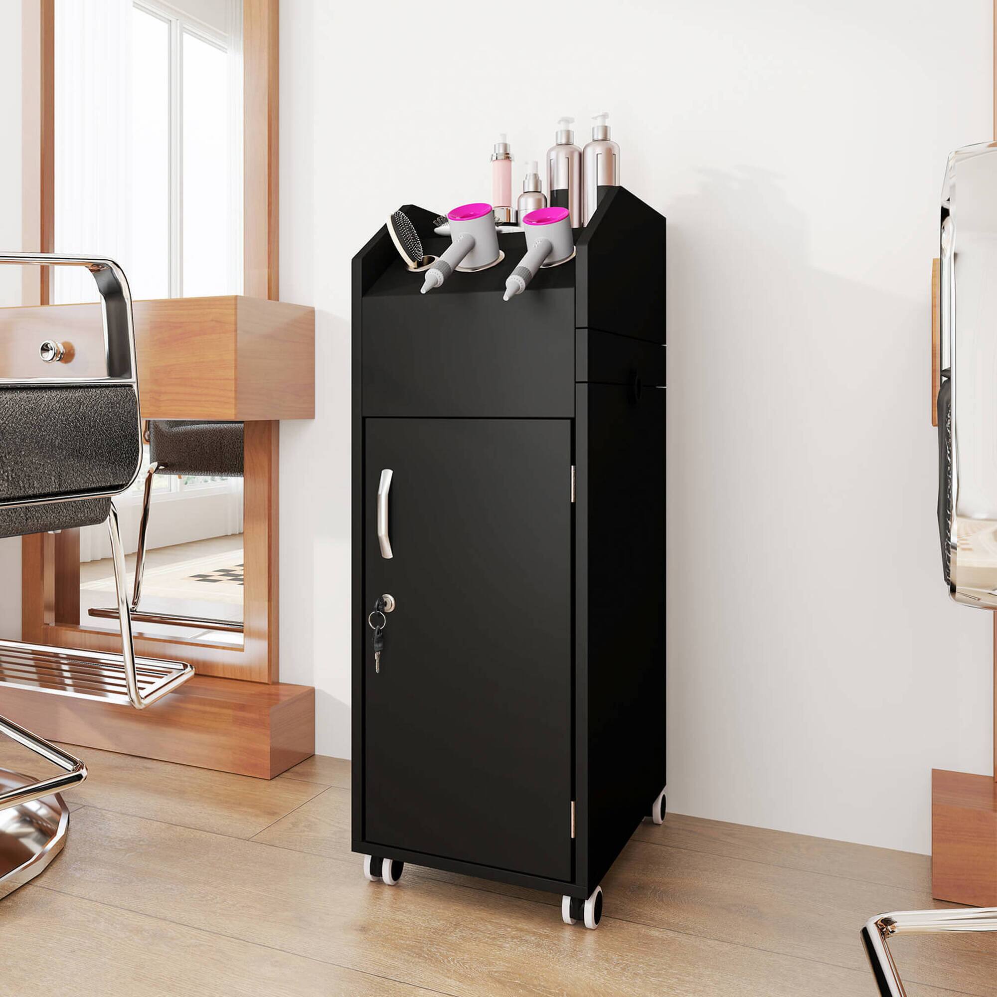 Alt View 1. Costway - Costway Salon Trolley Cart Rolling Spa Beauty Storage Cart with 3 Drawers Side Tray - Black.