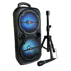 Front. QFX - 2 x 8" BT Recharge Speaker with Microphone & Stand - Black.