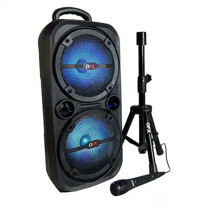 Front. QFX - 2 x 8" BT Recharge Speaker with Microphone & Stand - Black.