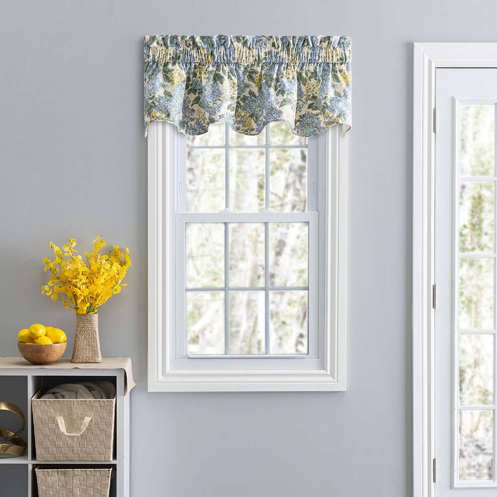 Angle. Ellis Curtain - Ellis Hydrangea Classic Pattern Printed 3" Rod Pocket Window Scallop Valance Lined 70"x15" Blue - Blue.