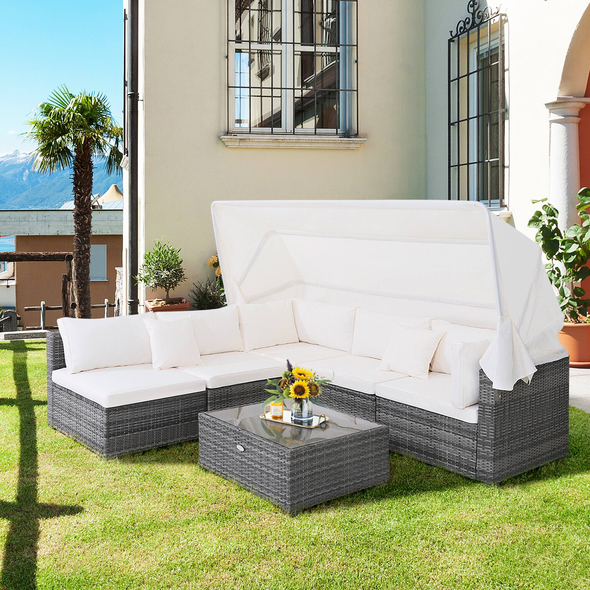 Alt View 9. Gymax - Gymax 6 PCS PE Rattan Patio Furniture Set w/ Tempered Glass Table and Retractable Canopy - Mix Grey.