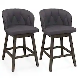 Costway - 2 PCS Counter Height Bar Stools Fabric Upholstered Island Stools with 360° Swivel Seat - Gray+Brown
