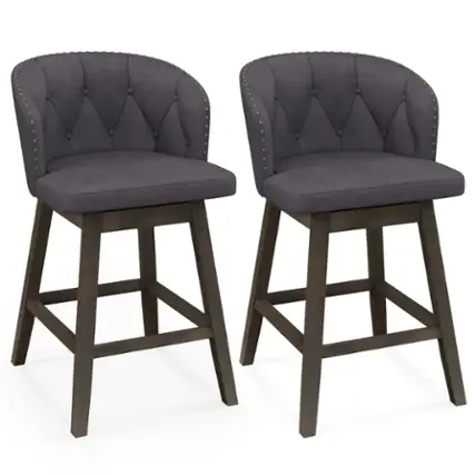 Front. Costway - 2 PCS Counter Height Bar Stools Fabric Upholstered Island Stools with 360° Swivel Seat - Gray+Brown.