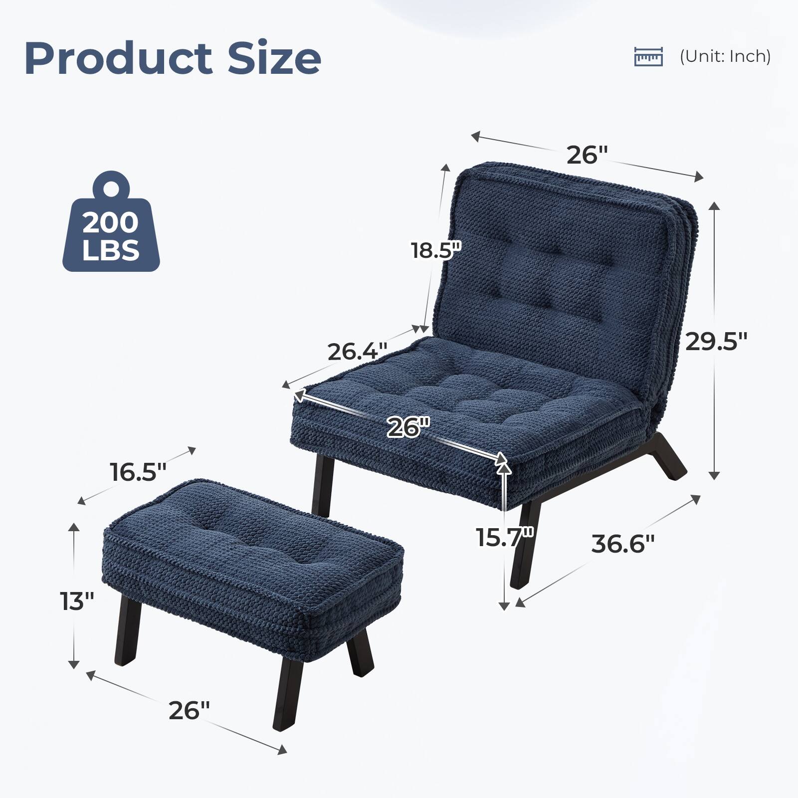 Product Size (Unit: Inch)  
26" x 18.5" x 26.4" x 29.5" x 26" x 16.5" x 15.70" x 36.6" x 13" x 26"  
200 LBS