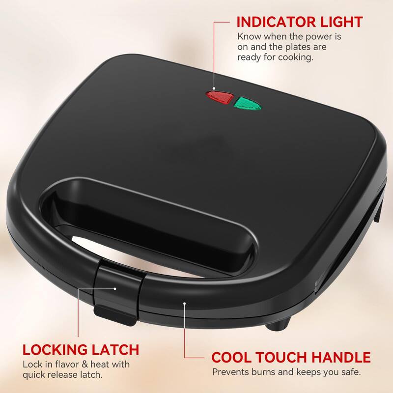 INDICATOR LIGHT  
Know when the power is on and the plates are ready for cooking.

LOCKING LATCH  
Lock in flavor & heat with quick release latch.

COOL TOUCH HANDLE  
Prevents burns and keeps you safe.