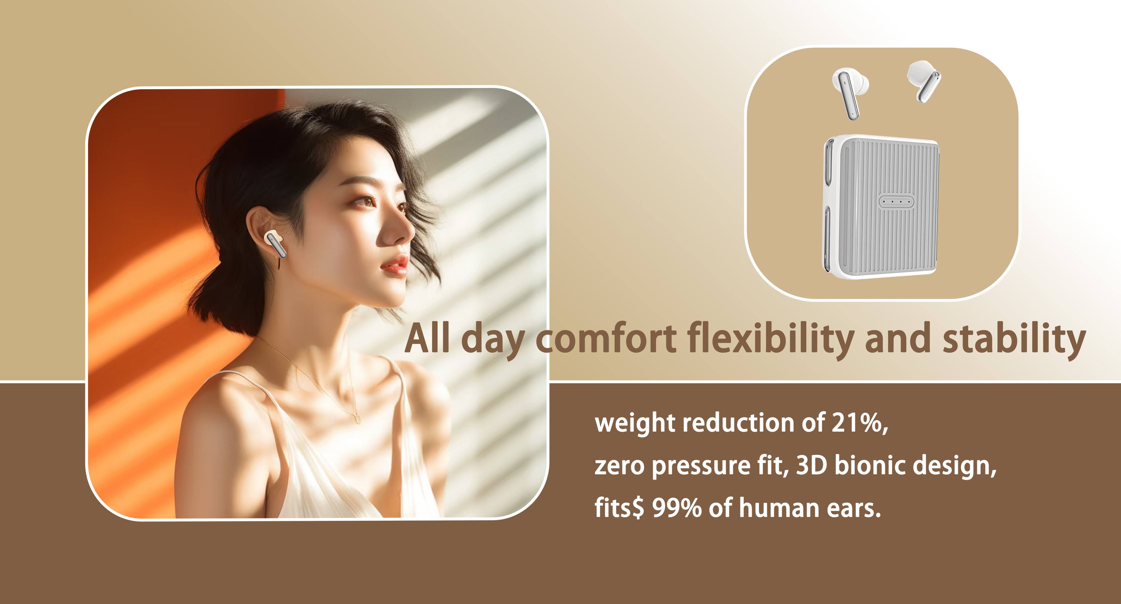 All day comfort flexibility and stability  
weight reduction of 21%,  
zero pressure fit, 3D bionic design,  
fits 99% of human ears.