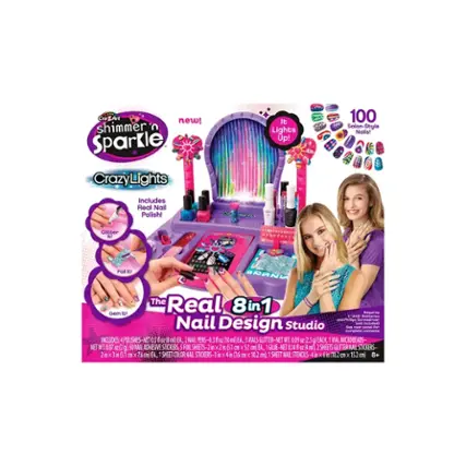 Crazy Lights Shimmer n Sparkle Crazy Lights Nail Design Studio includes Real Nail Polish, Nail Pens, Glitter, Microbeads, Stickers, Glue, and Nail Tencils. The package is designed for salon-style nails and is suitable for ages 8 and up. The complete contents are included in the package, making it a fun and creative activity for children.