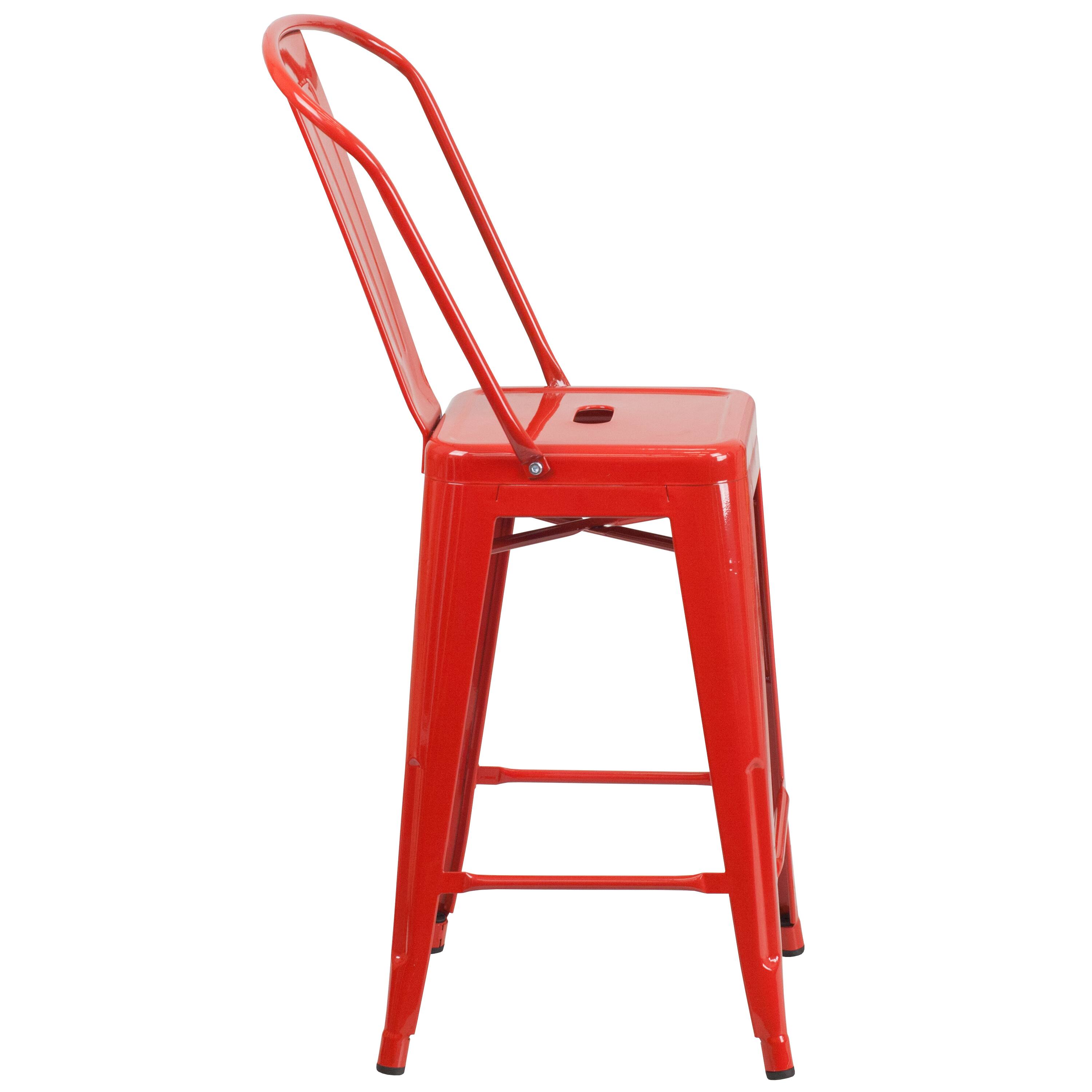 Alt View 6. Emma + Oliver - Commercial Grade 24"H Colorful Metal Indoor-Outdoor Counter Stool with Back - Red.