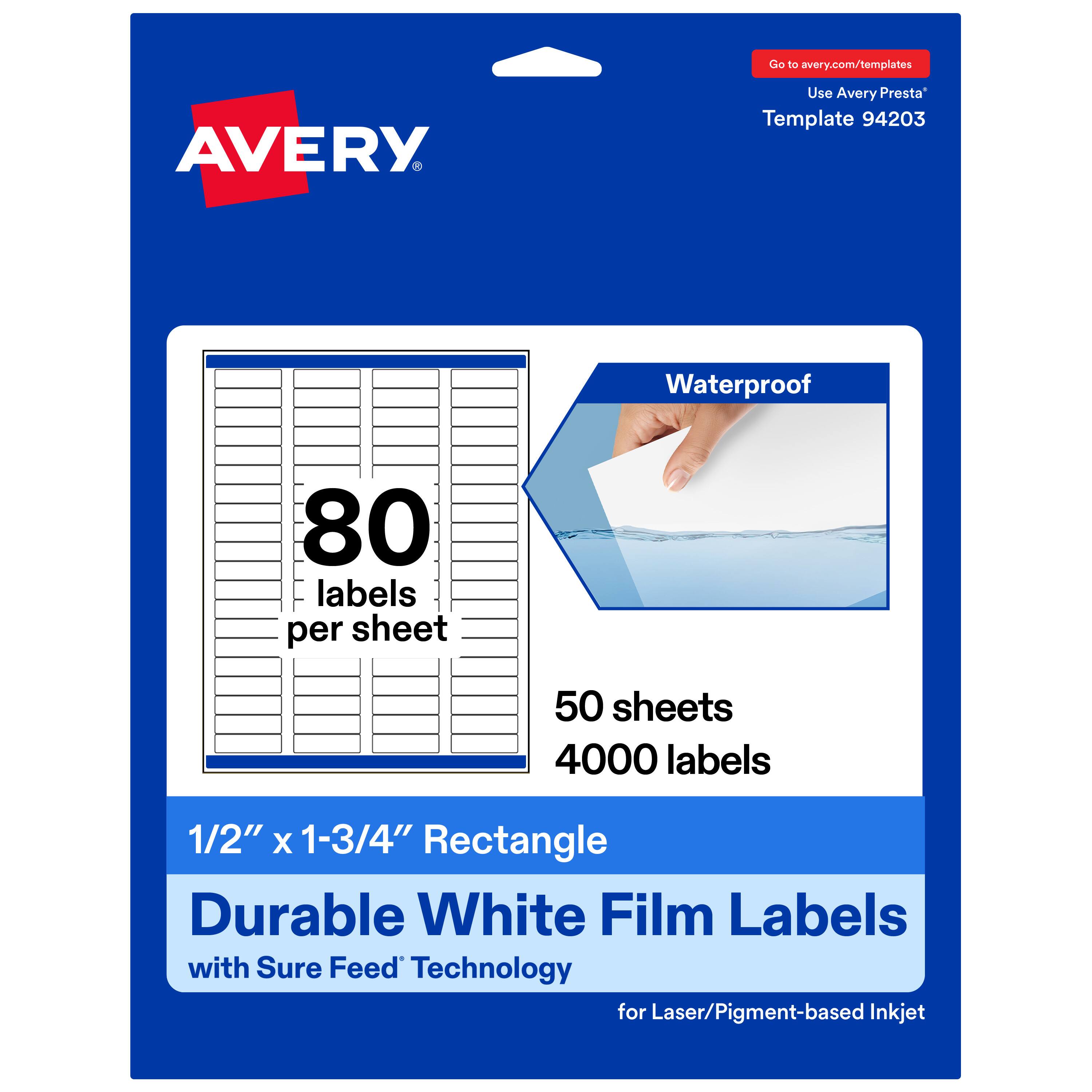 Go to avery.com/templates  
Use Avery Presta™ Template 94203  

Waterproof  
80 labels per sheet  
50 sheets  
4000 labels  

1/2" x 1-3/4" Rectangle  
Durable White Film Labels with Sure Feed™ Technology for Laser/Pigment-based Inkjet