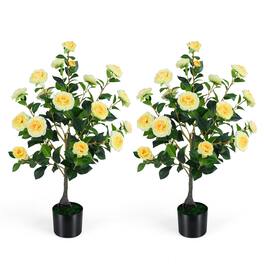 Boyel Living - 2-Pack Artificial Camellia Tree Faux Flower Plant in Cement-Filled Pot - Yellow