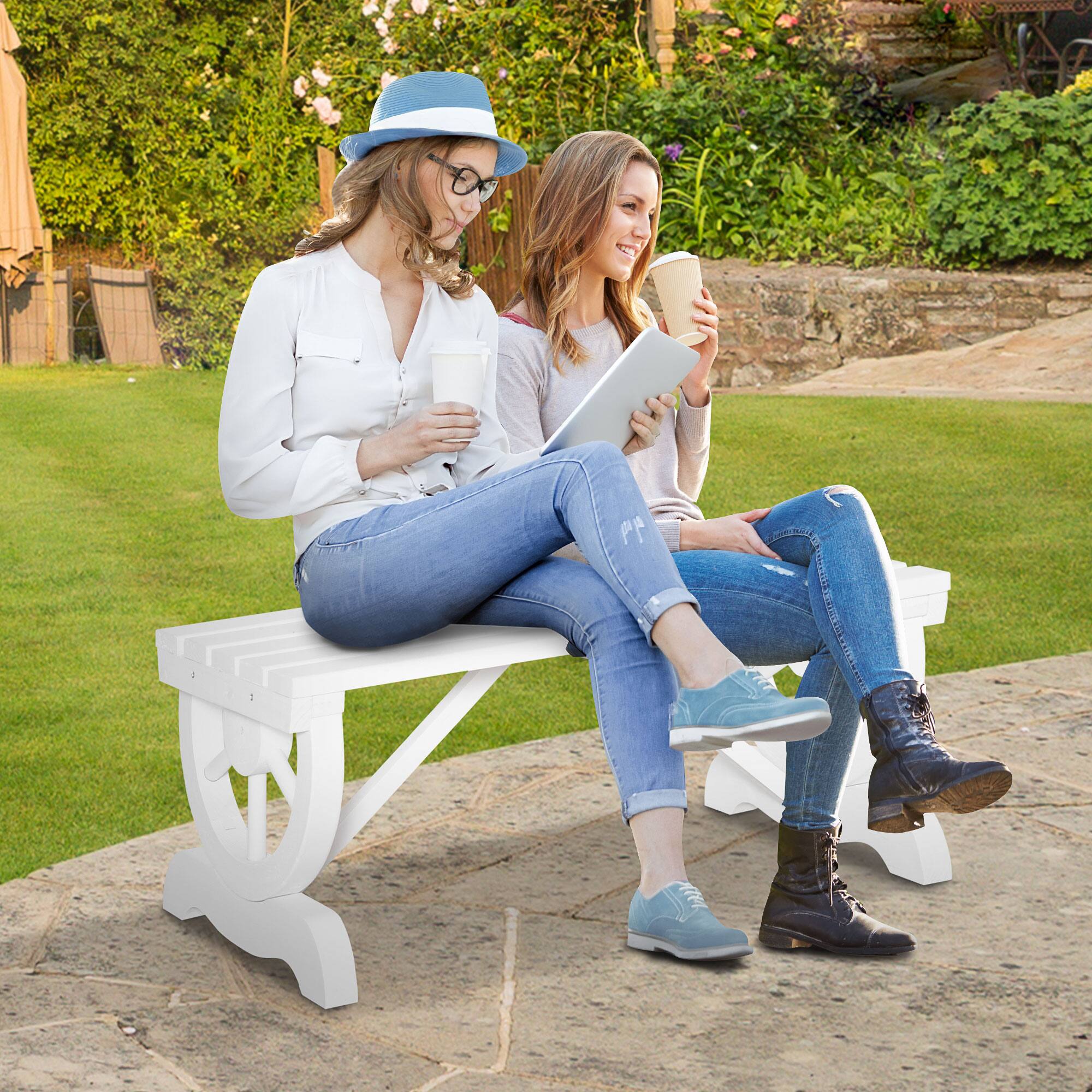 Alt View 1. Outsunny - 2-Person Wooden Garden Bench, Outdoor Wagon Wheel Porch Bench for Backyard Garden, Support 550 LBS - White.