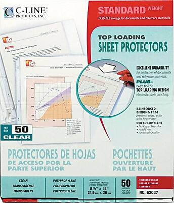 C-Line Products, Inc.  
STANDARD WEIGHT  
DURABLE storage for documents and reference materials  

TOP LOADING SHEET PROTECTORS  
EXCELLENT DURABILITY for protection of documents and reference materials  
PLUS - EASY TO USE TOP LOADING DESIGN eliminates hole punching  

PER BOX 50 CLEAR  
REINFORCED BINDING EDGE prevents tearing  
POLYPROPYLENE  
Acid-Free  
Archival Quality  

PROTECTORES DE HOJAS  
DE ACCESO POR LA PARTE SUPERIOR  

POCHETTES  
D'ACCESO PAR LE HAUT  

CLEAR  
TRANSPARENTE  
POLYPROPYLENE  
POLIPROPILENO  

8½" x 11"  
21.6 x 28 cm  

NO. 62037