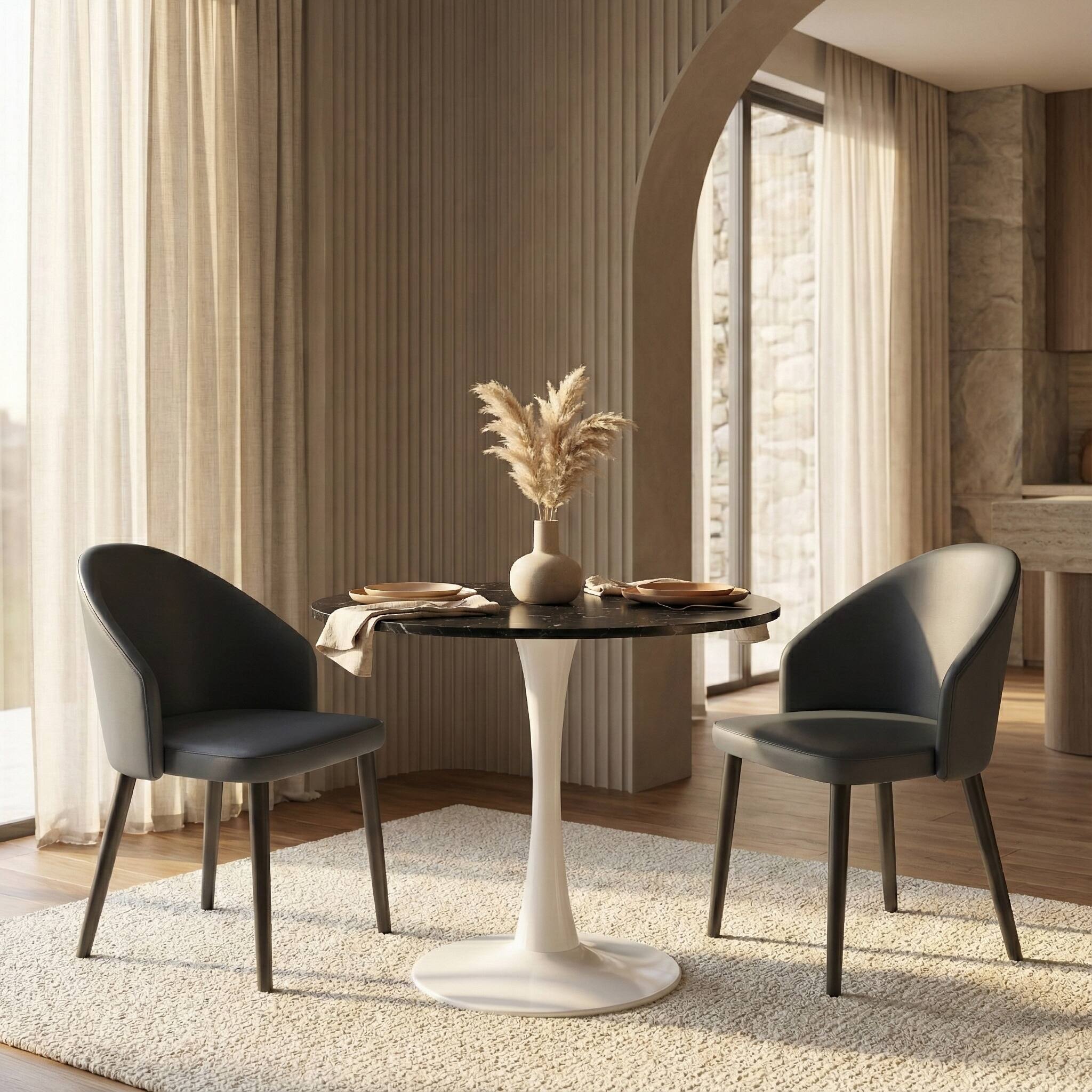 Left. LeisureMod - Bristol 24" Modern Round Dining Table with White Pedestal Base for Kitchen & Compact Spaces - MDF - Marbled Black.