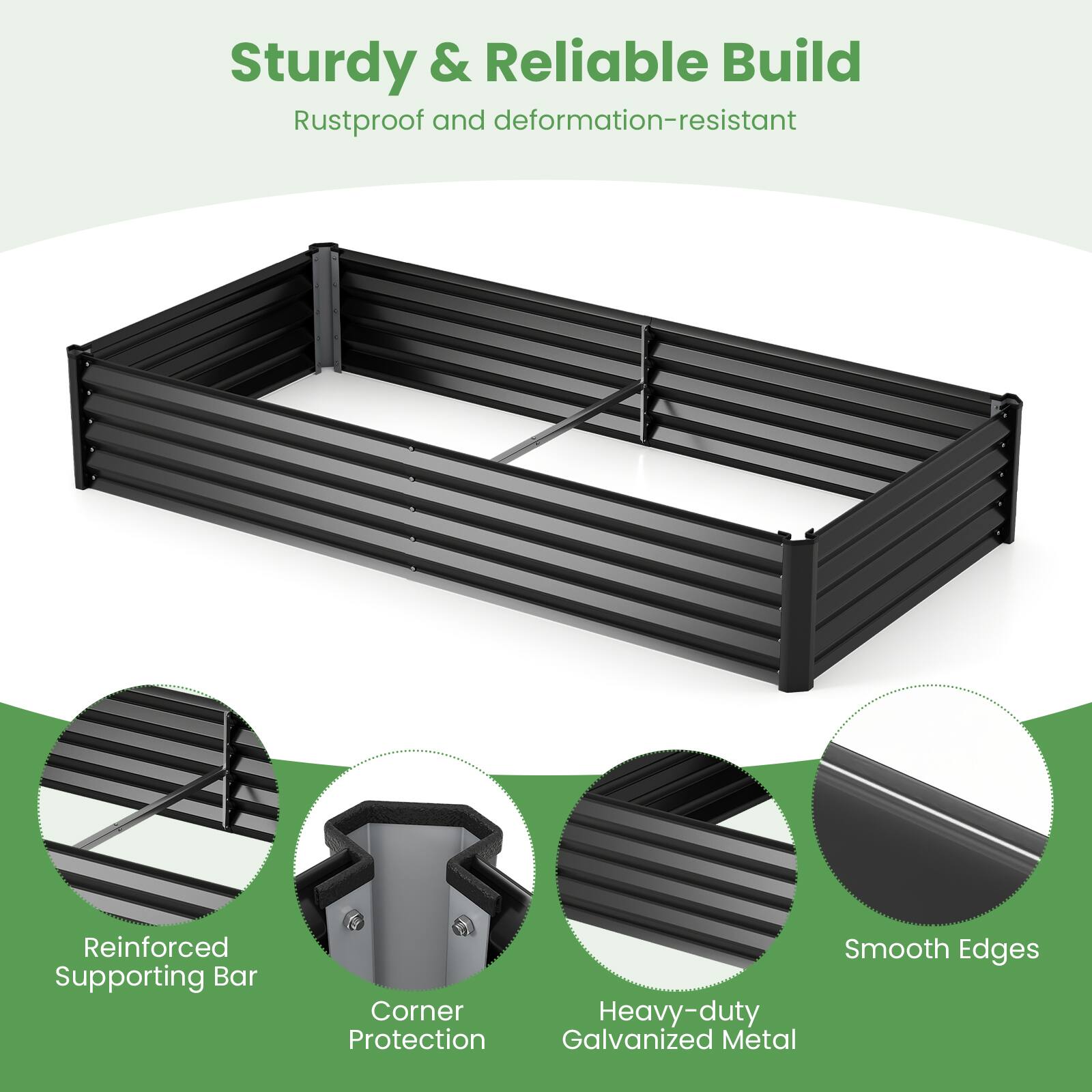 Sturdy & Reliable Build  
Rustproof and deformation-resistant  

- Reinforced Supporting Bar  
- Corner Protection  
- Heavy-duty Galvanized Metal  
- Smooth Edges