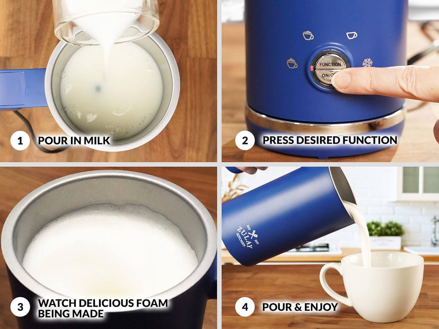 1. POUR IN MILK  
2. PRESS DESIRED FUNCTION  
3. WATCH DELICIOUS FOAM BEING MADE  
4. POUR & ENJOY