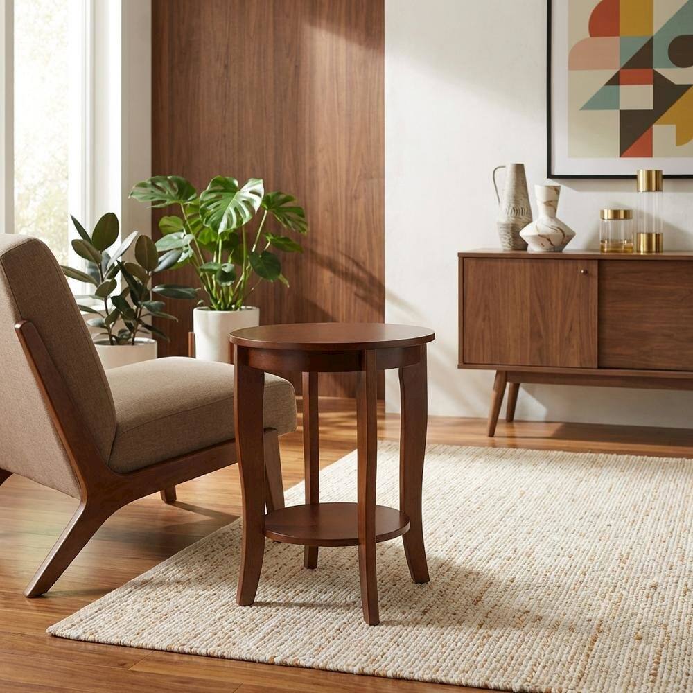 Alt View 2. FurniFact - Mahogany Round End Table with Shelf for Classic and Transitional Styles - Brown.