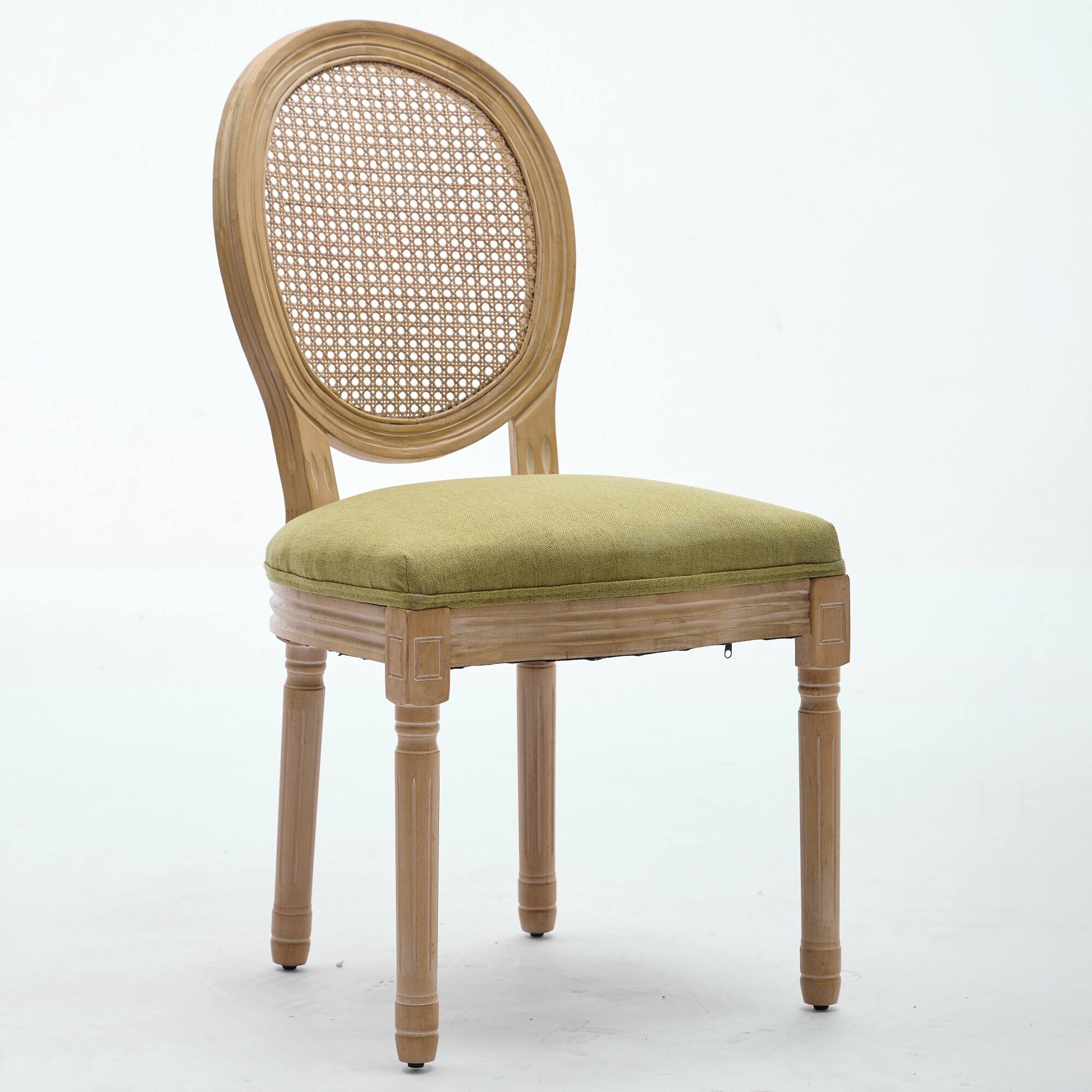 Left. Tiramisubest - French Style Solid Wood Frame Antique Painting Linen Fabric Rattan Back Dining Chair,Set of 2,Olive-Green - Olive Green.