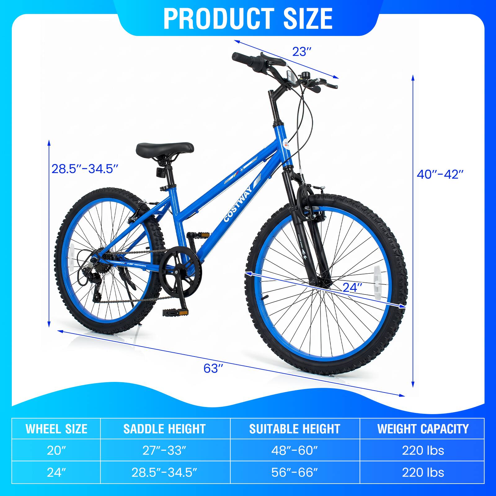 PRODUCT SIZE

23"
28.5"-34.5" 130
40"-42"
24"
63"

WHEEL SIZE
SADDLE HEIGHT
SUITABLE HEIGHT
WEIGHT CAPACITY

20"
27"-33"
48"-60"
220 lbs

24"
28.5"-34.5"
56"-66"
220 lbs