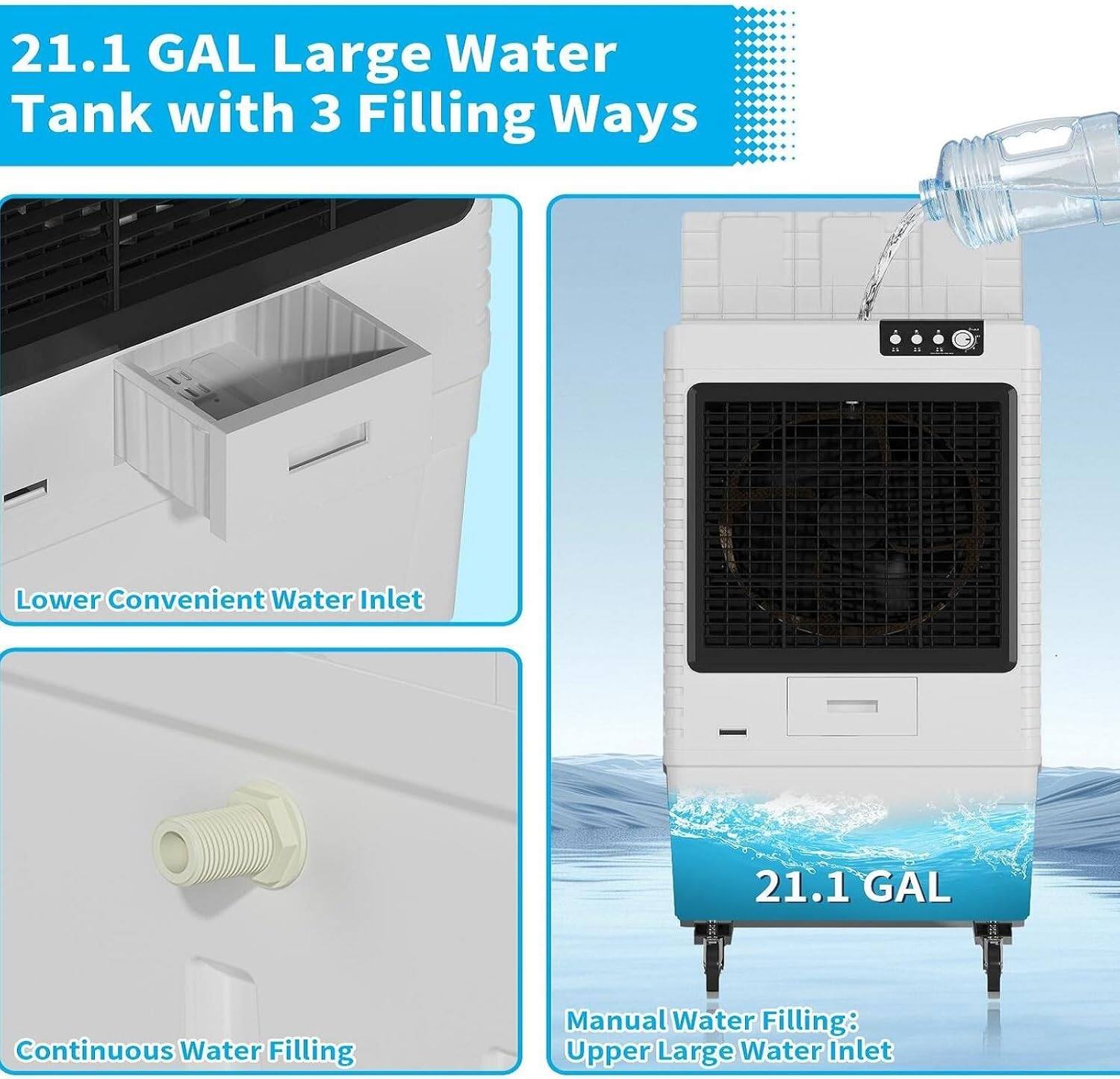 21.1 GAL Large Water Tank with 3 Filling Ways

- Lower Convenient Water Inlet
- Continuous Water Filling
- Manual Water Filling: Upper Large Water Inlet