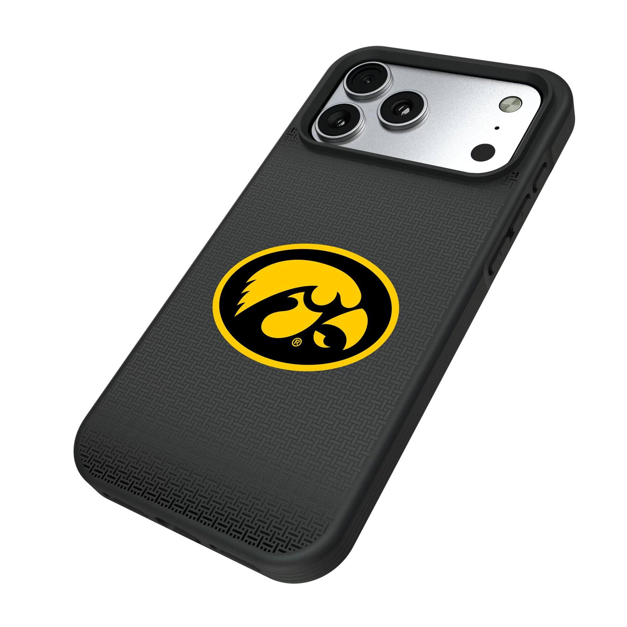 Alt View 1. Keyscaper - Iowa Hawkeyes Linen Logo iPhone Bump Case - 15 Plus - Black.