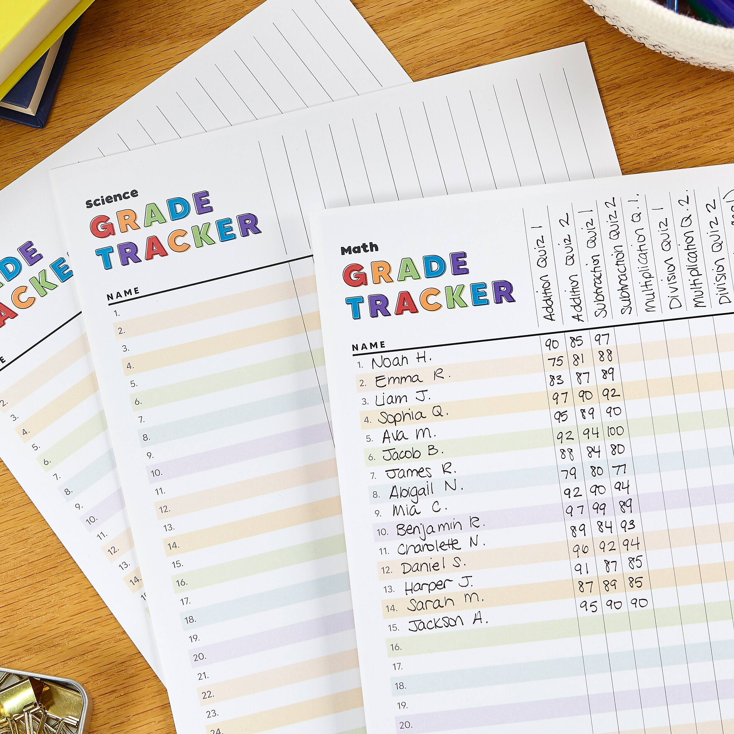 Science Grade Tracker

Math Grade Tracker

NAME

1. Noah H. 90 85 97
2. Emma R. 75 81 88
3. Liam J. 83 87 89
4. Sophia Q. 97 90 92
5. Ava M. 95 89 90
6. Jacob B. 92 94 100
7. James R. 84 80
8. Abigail N. 88
9. Mia C. 79 80
10. Benjamin R. 84 93
11. Charlotte N. 97 99 89
12. Daniel S. 89 91 85
13. Harper J. 87 89 85
14. Sarah M. 90 90 95
15. Jackson A.