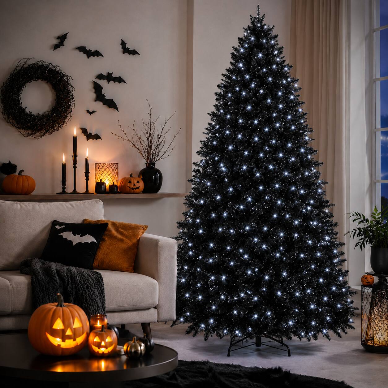 Angle. Anysun - 8ft Christmas Tree with 600 White LED Lights – 2486 Tips PE+PVC Artificial Tree, Hinged Structure & Stable Stand - Black.
