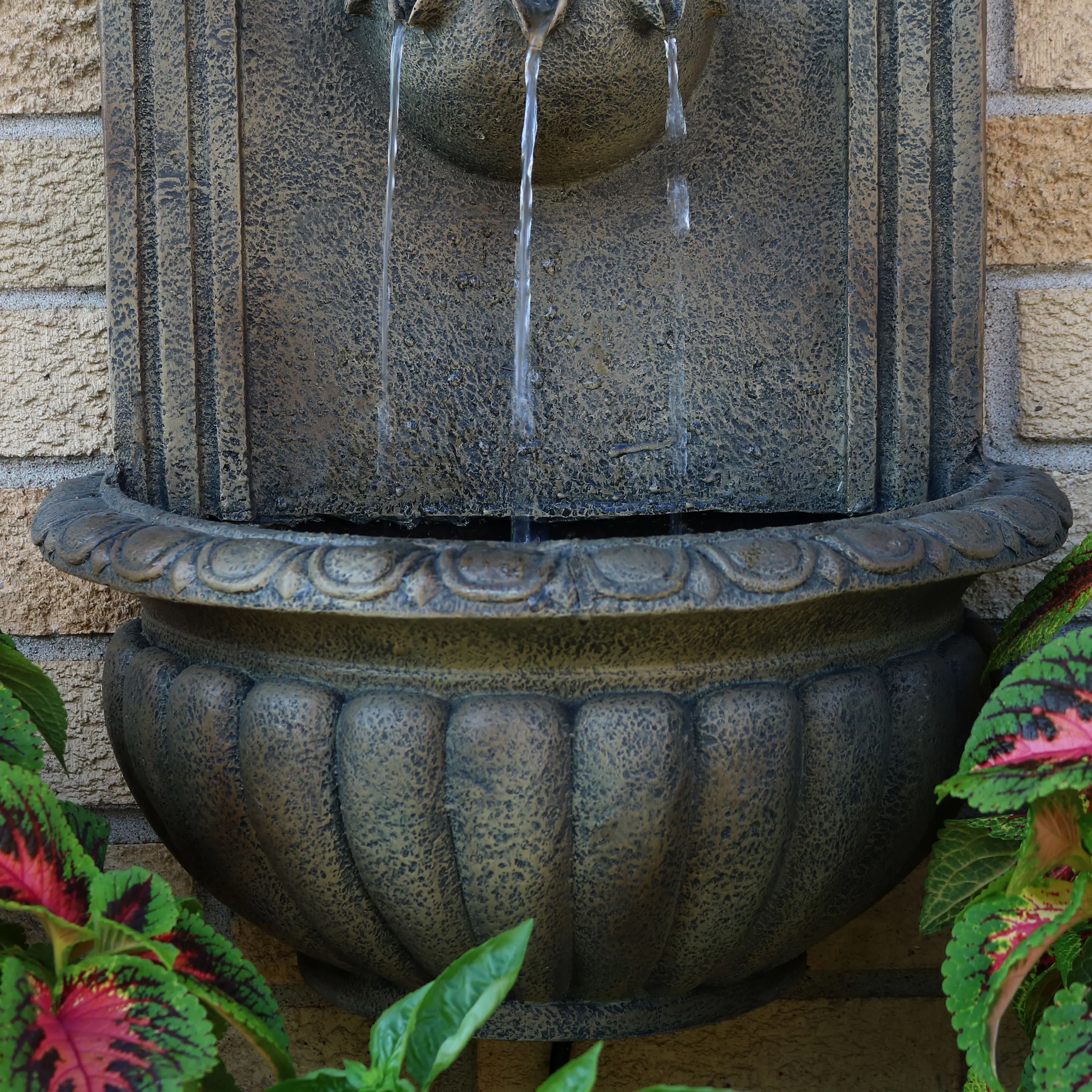 Alt View 3. Sunnydaze - Florence Polystone Outdoor Wall Fountain - Florentine Stone Finish.