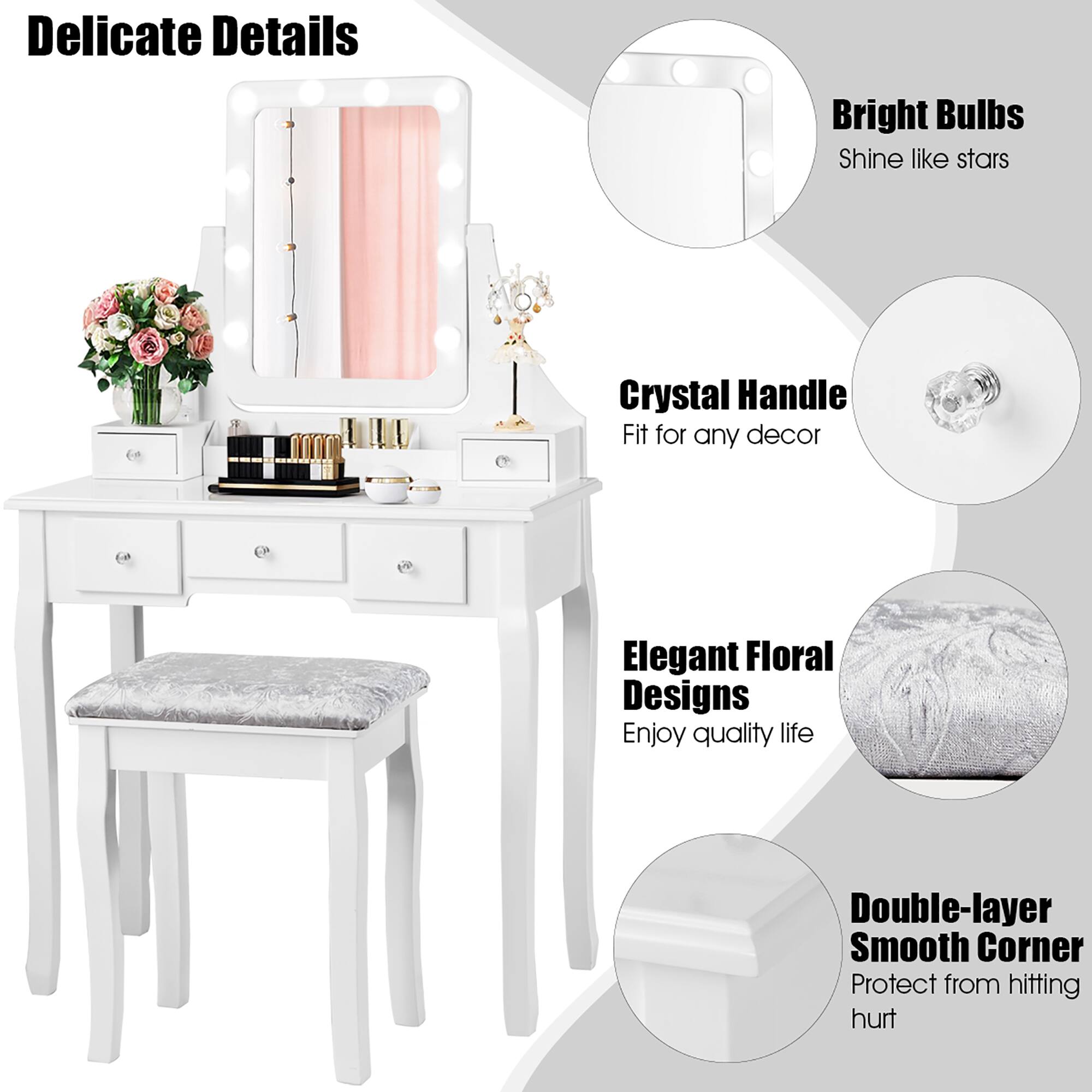 Delicate Details

Bright Bulbs  
Shine like stars

Crystal Handle  
Fit for any decor

Elegant Floral Designs  
Enjoy quality life

Double-layer Smooth Corner  
Protect from hitting hurt