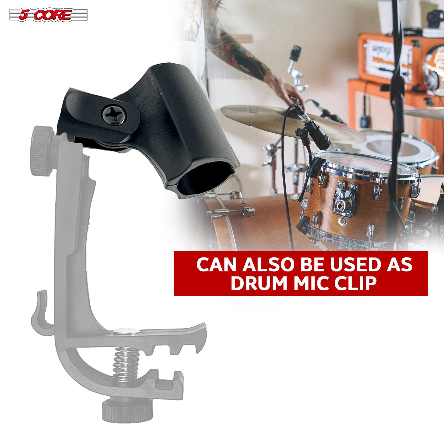 The text in the image can be grouped and corrected as follows:

"5 CORE
CAN ALSO BE USED AS DRUM MIC CLIP"
