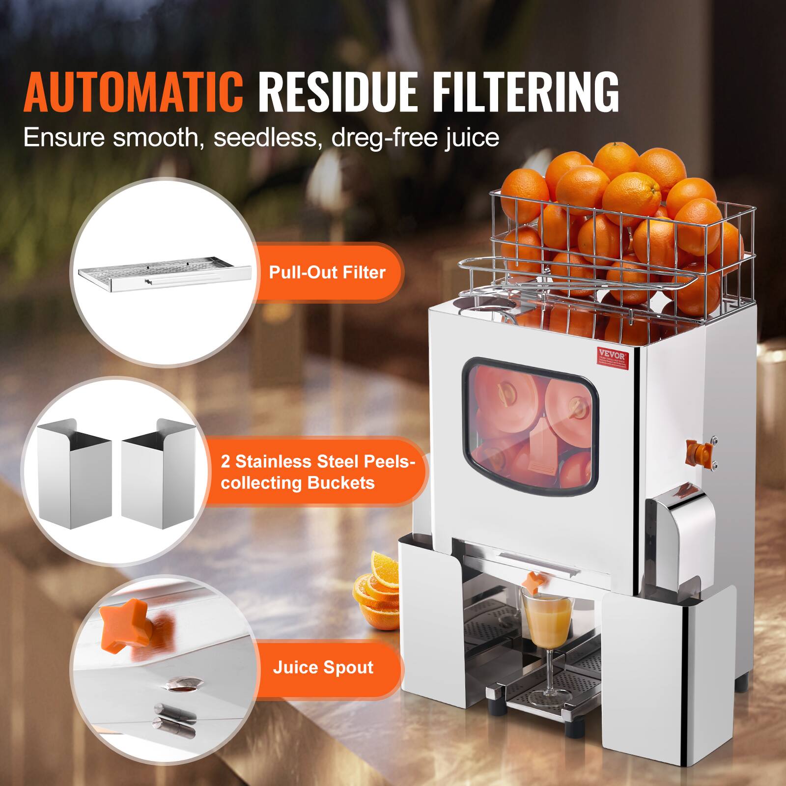 AUTOMATIC RESIDUE FILTERING  
Ensure smooth, seedless, dreg-free juice  

- Pull-Out Filter  
- 2 Stainless Steel Peels-collecting Buckets  
- Juice Spout
