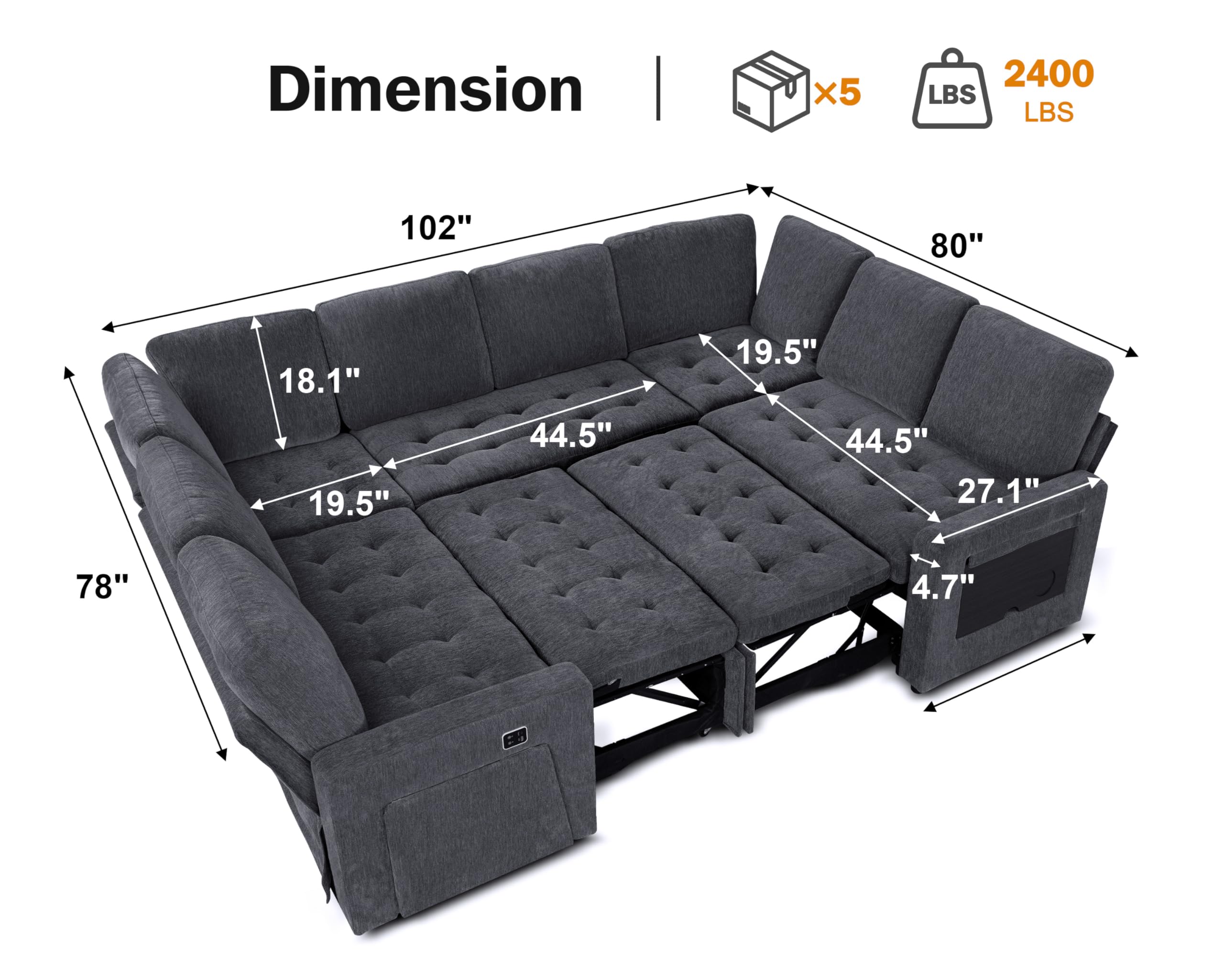Dimension  
2400 LBS  
102"  
80"  
18.1"  
19.5"  
44.5"  
19.5"  
44.5"  
27.1"  
78"  
4.7"