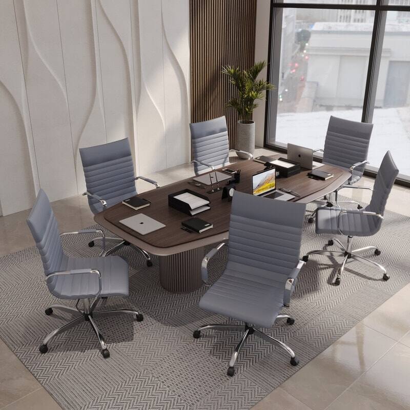 Left. LeisureMod - Harris High-Back Office Chair, Leather Upholstery with Gold Metal Frame Modern Armless Desk Chair for Conference Seating - Grey.