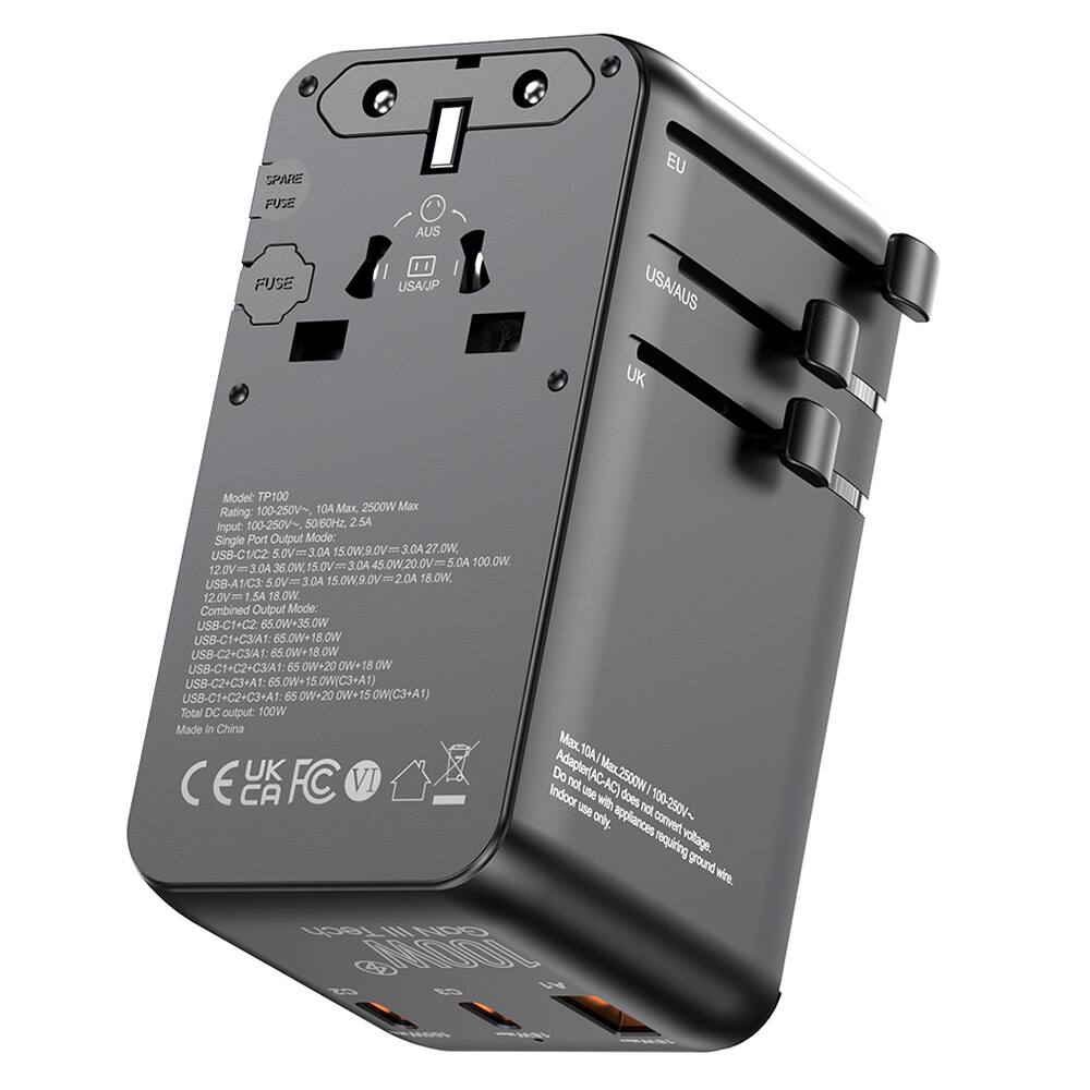 SPARE FUSE EU FUSE AUS USA/JP USA/AUS UK

Model: TP100  
100-250V~, 10A Max 2500W Max  
Rating: 100-250V 50/60Hz 2.5A  
Input  
Single Port Output Mode:  
USB-C1/C2: 5.0V=3.0A 15.0W, 9.0V=3.0A 27.0W, 12.0V=3.0A 36.0W  
USB-A1/C3: 5.0V=3.0A 15.0W, 9.0V=2.0A 18.0W, 12.0V=1.5A 18.0W  
Combined Output Mode:  
USB-C1+C2: 65.0W+35.0W  
USB-C1+C3/A1: 65.0W+18.0W  
USB-C2+C3/A1: 65.0W+18
