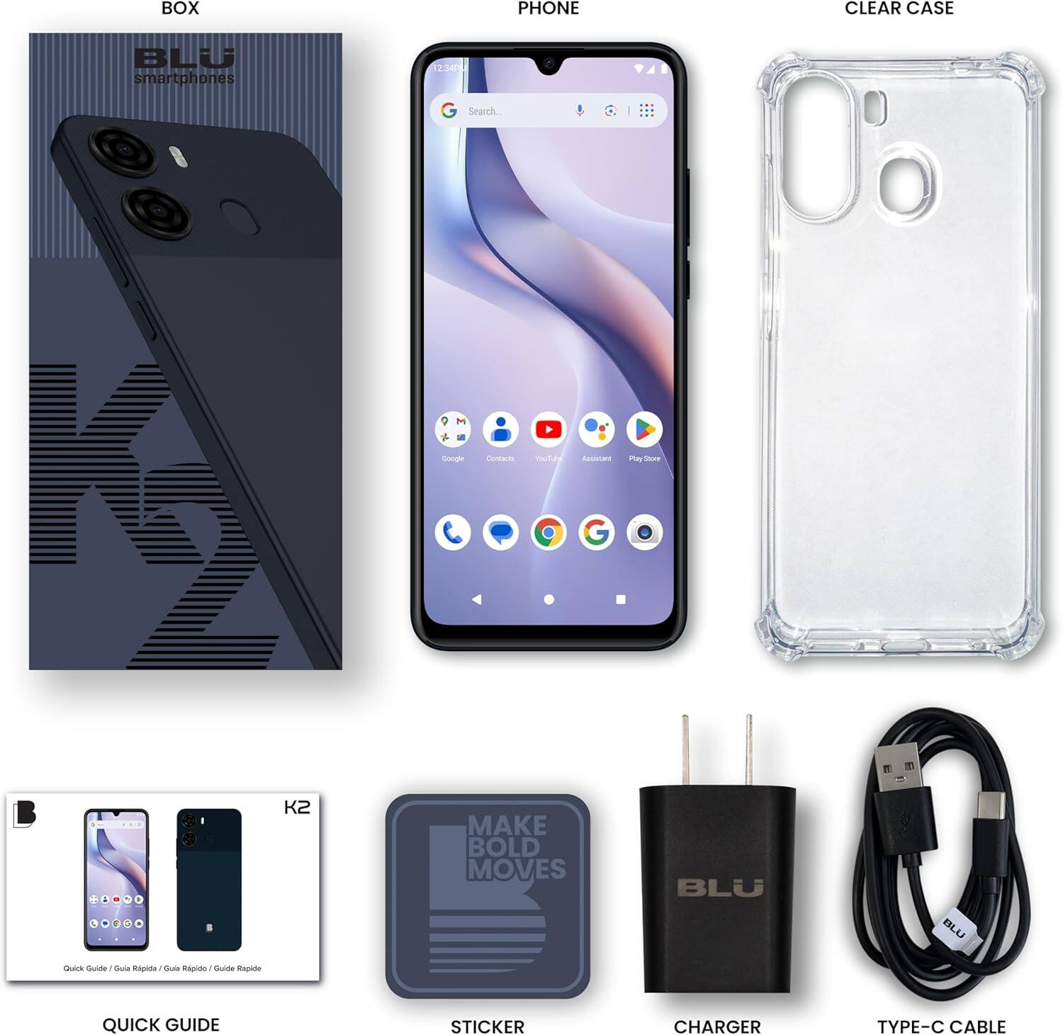 BOX PHONE CLEAR CASE BLU smartph ones 2:34/ G Search. M Doogle conar Youa Ae Pay SAr . - - K2 MAKE BOLD MOVES BLU BL.LJ s So Bul Ragida Dob Ragrdo Buide Rapide QUICK GUIDE STICKER CHARGER TYPE-C CABLE